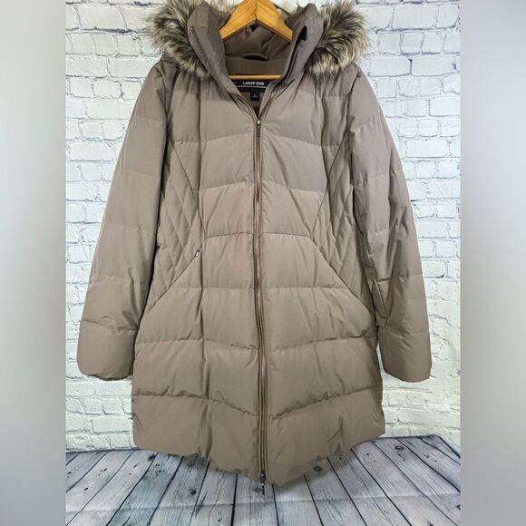 Land’s End Taupe Faux Fur Hood Trim Minimalist Classic Down Winter Coat L - Picture 1 of 12